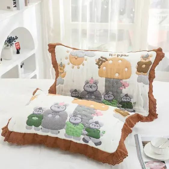 日系花邊泡芙枕巾埃及棉純棉紗布兒童枕頭枕巾兩面可用紗布枕巾40