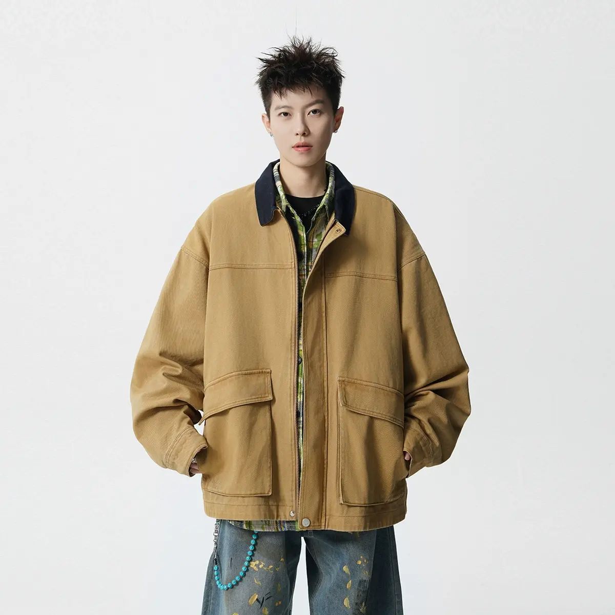 新款秋季男士做旧上衣潮流工装夹克美式复古水洗宽松外套
