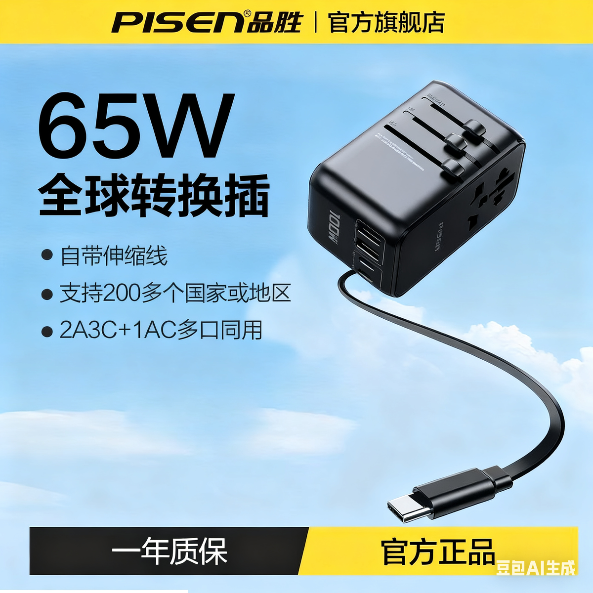 65W GaN Universal Travel Adapter｜Travel Charger Built-In USB-C Cable 5 Ports 3C+2A Type-C USB PD