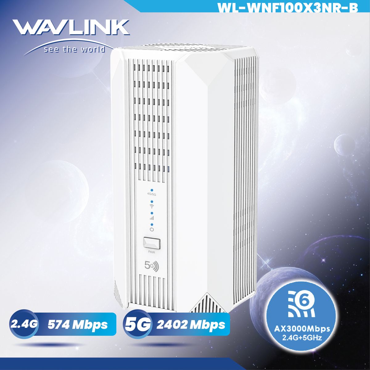 SIM 卡 5G NR SA NSA AX3000 WiFi 6 CPE 路由器、Qualcomn RM520N-GL 模組、雙頻 5G 、9 個內部天線、WPA3 WL-WNF100X3NR-B