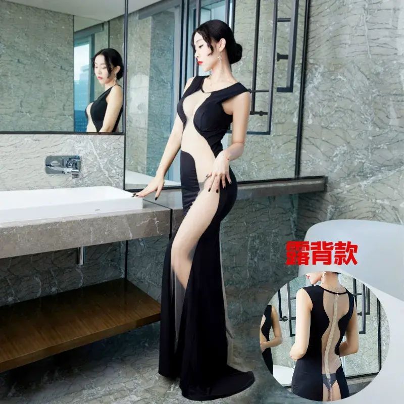 桑拿足浴技師工作服連身裙氣質顯瘦包臀裙夜場夜總會卡拉OK返工衫-黑色 露背款 S-款式4