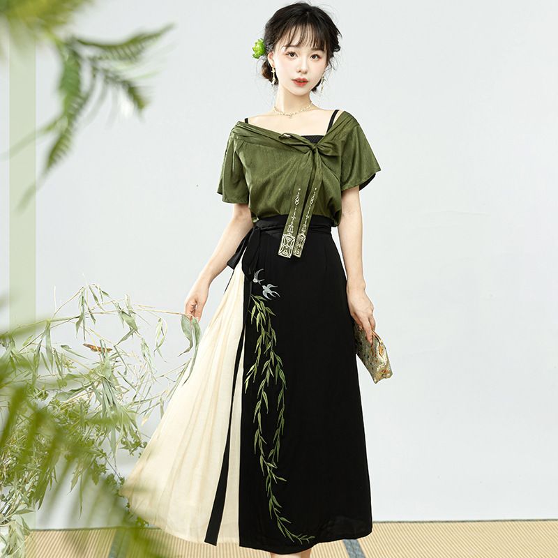 原創設計柳綠中國風改良漢元素漢服女上衣吊帶半裙套裝8705