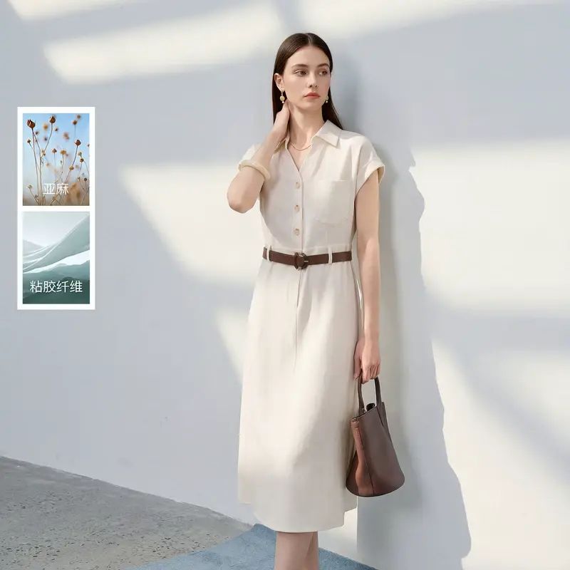 Sancai Lixue leisure2026 summer new style temperament lapel dress waist A line long dress Milk whit
