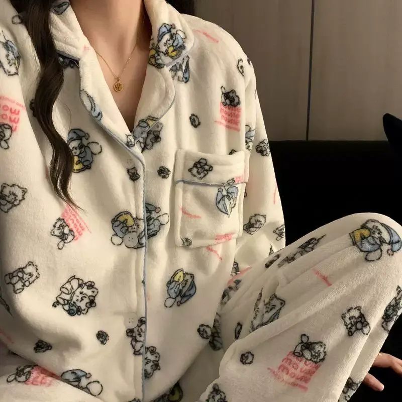 日系藍條紋大碼睡衣女秋冬卡通小熊加厚加絨家居服少女可愛兩件套