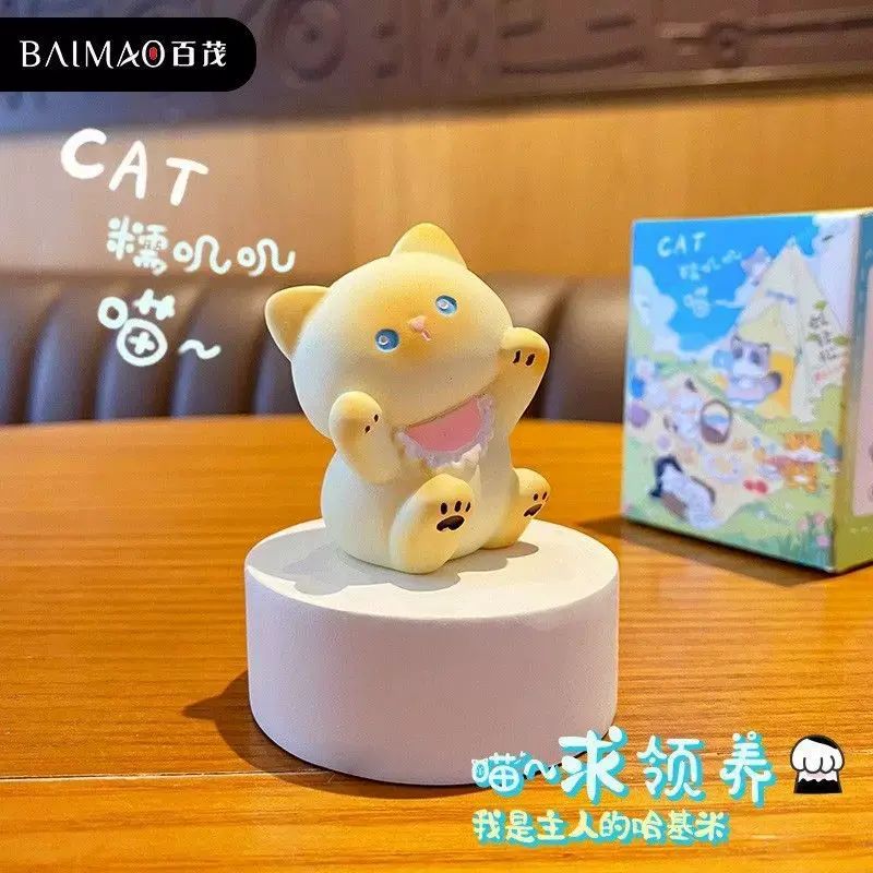 原創卡通木雕風貓咪樹脂小擺件公仔潮玩車載裝飾品居家桌面擺飾品