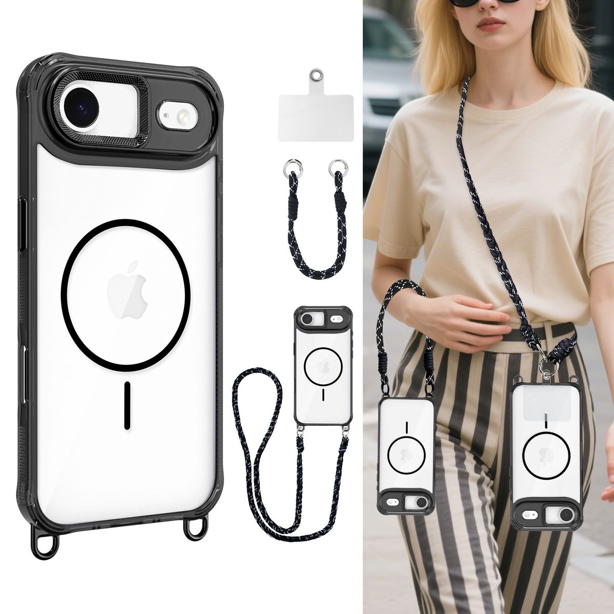 iPhone 17 Air Case MagSafe磁吸 帶長掛繩和短掛繩 電話保護殼 黑色