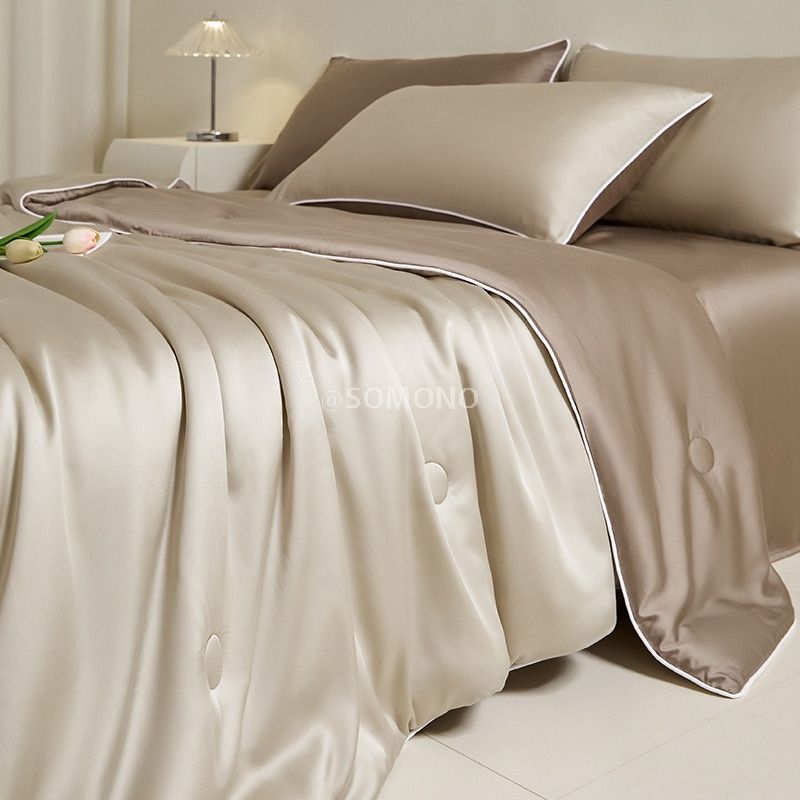 三件套空调被套装｜莱赛尔天丝夏被夏季凉感冰丝夏凉被A类空调被可机洗薄被子-米褐-太空灰【100%莱赛尔天丝】 / 夏被三件套-【180x220cm夏被+枕套一对】