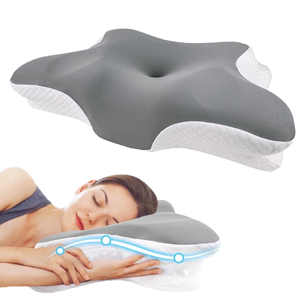 记忆海绵颈椎枕 - 2 合 1 人体工学矫正枕矫正颈部的记忆枕适合侧背和俯卧睡眠者