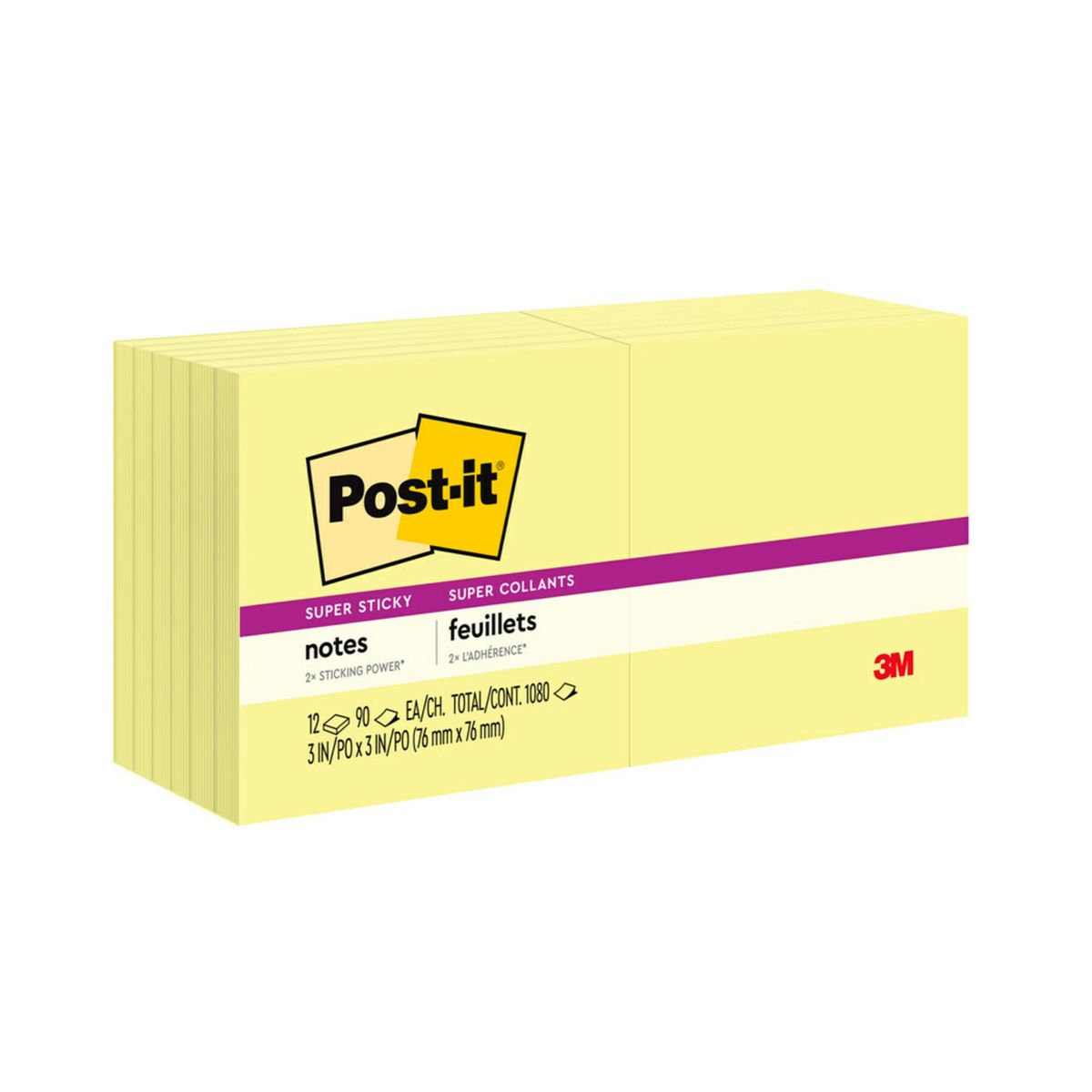 654-12SSCY Super Sticky Notes 3"x3" Yellow, 12 pads / pack