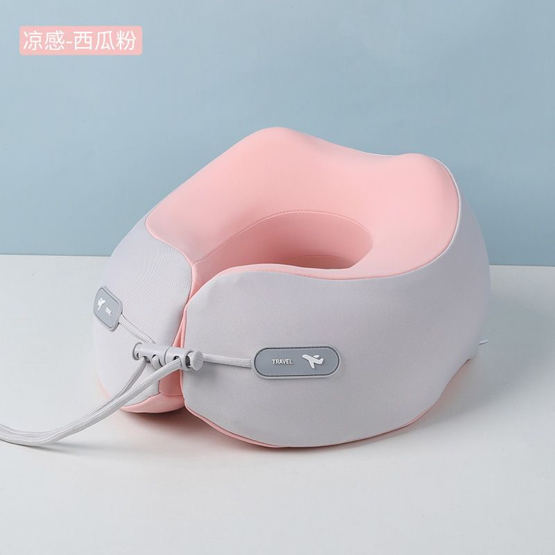 凉感u型枕记忆棉飞机高铁旅行枕支撑颈枕收纳便携护脖枕-西瓜粉 均码