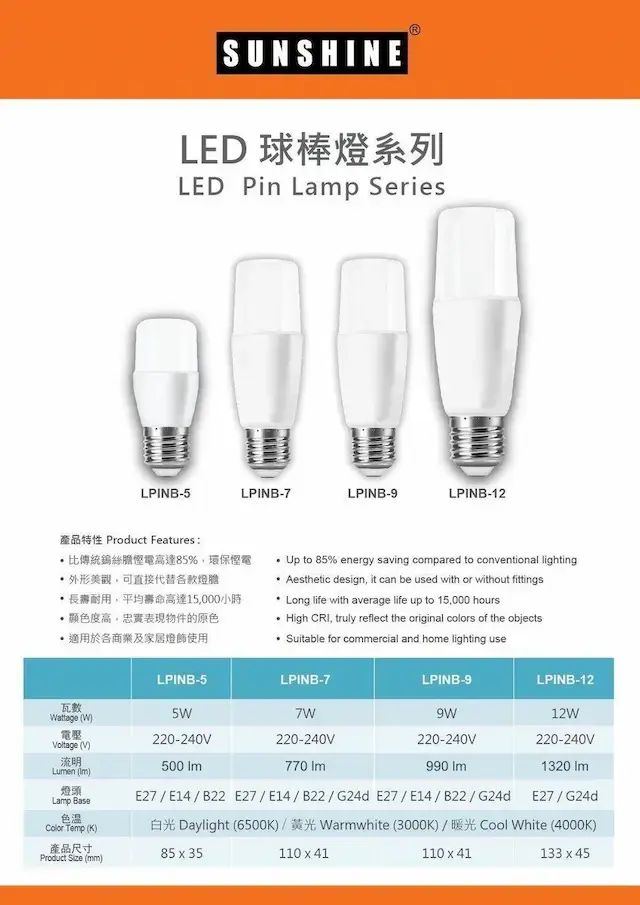陽光 | LED燈膽(棒燈) - 9W / E14細螺頭 / 黃光3000K #LED燈泡 #LED棒膽 (LPINB-9E14W ...