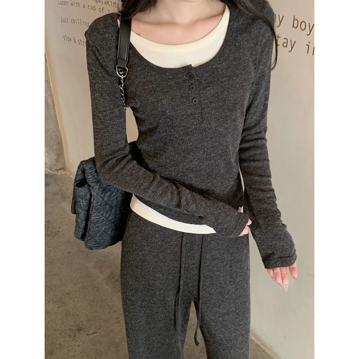 Actual shoot autumn and winter two-piece long-sleeved top + flowing drawstring wide--Dark gray top S