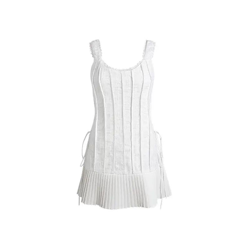 French style ballet white striped ribbon dress summer new petite pure desire sweet spicy waist cinc