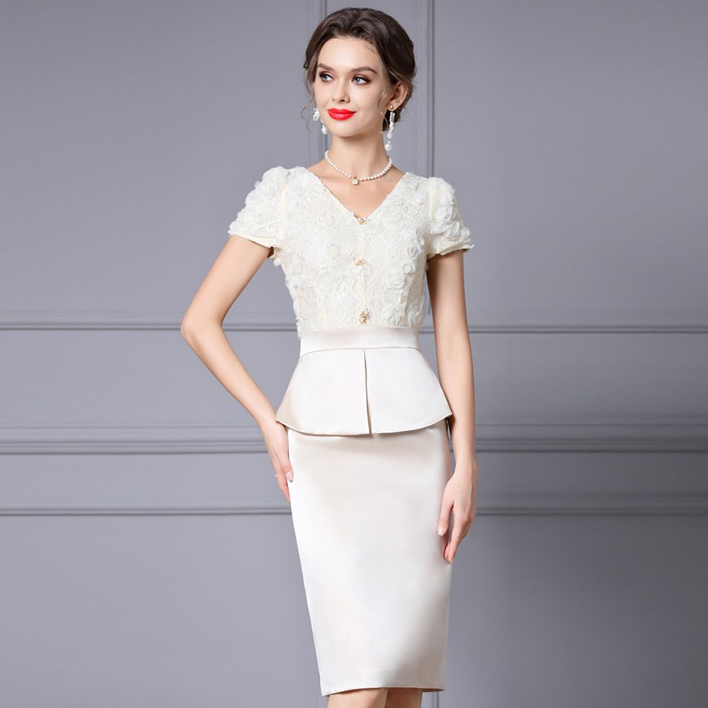 宴会连身裙女新款夏装短袖蕾丝立体花朵缎面拼接包臀裙子