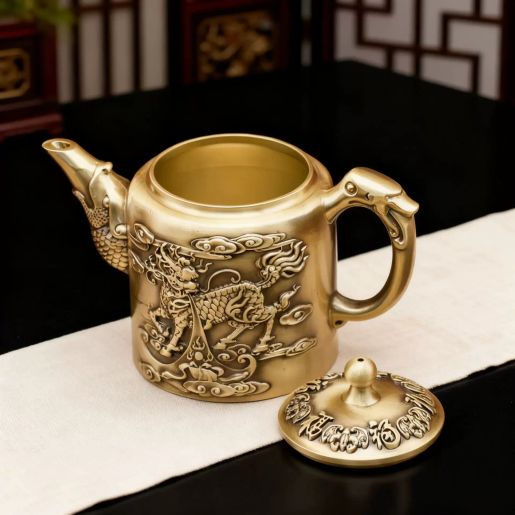 內地直送| 純黃銅茶壺龍鳳壺百福仿古拉絲茶水壺家居裝飾品古玩收藏做舊