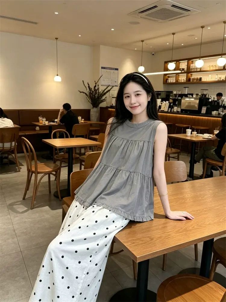 kumikumi時尚套裝木耳邊圓領無袖背心女夏季圓點百搭休閒褲兩件套-上衣 S