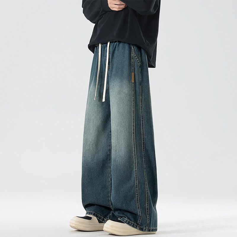 男装 夏季美式拼接浅蓝色牛仔裤男青少年潮流宽松抽绳休闲裤