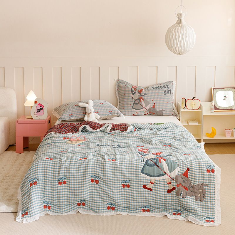 純棉泡芙冷氣被|卡通夏被|十層紗布韓式花邊|可機洗薄被子 150*200CM 櫻桃女孩