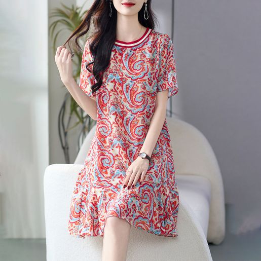 69511 summer new mulberry silk floral dress red casual flower silk dress  plus size women summer | Color : Red | Size : M | HKTVmall The Largest HK  Shopping Platform