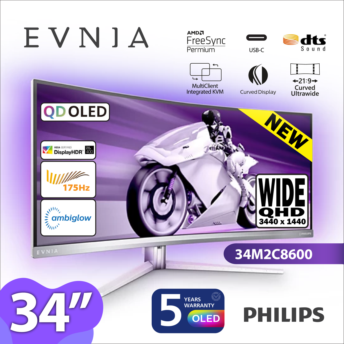 34" Evnia 34M2C8600 175Hz QD-OLED 曲面電競顯示器 21:9 2K WQHD 3440 x 1440 0.1ms HDR 400