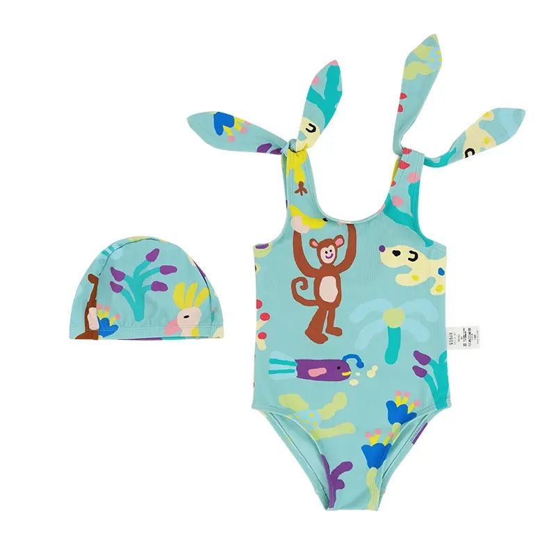 RICEANDSKY 原创儿童夏季长袖速干连体泳衣宝宝可爱蝴蝶结游泳衣