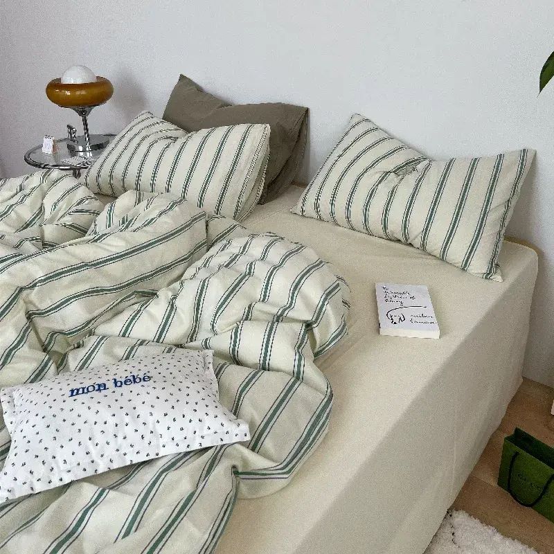条纹纯棉水洗棉四件套复古1.5m全棉床单1.8米床品