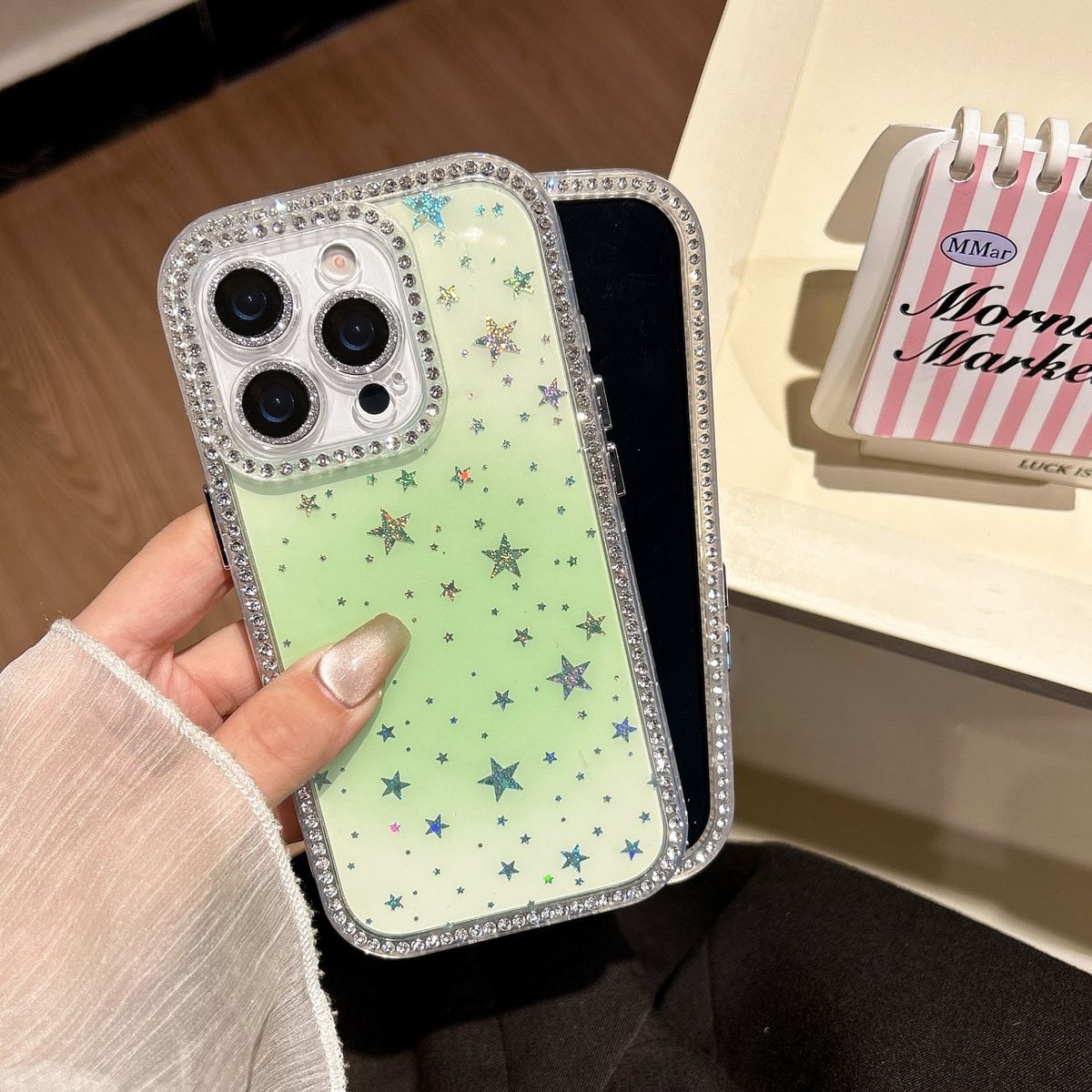 ins高颜值闪钻星星适用iPhone16promax手机壳17新款15ProMax轻奢高级13网红12女款11全包14plus硅胶15防摔套-绿色 iphone 17 Pro Max