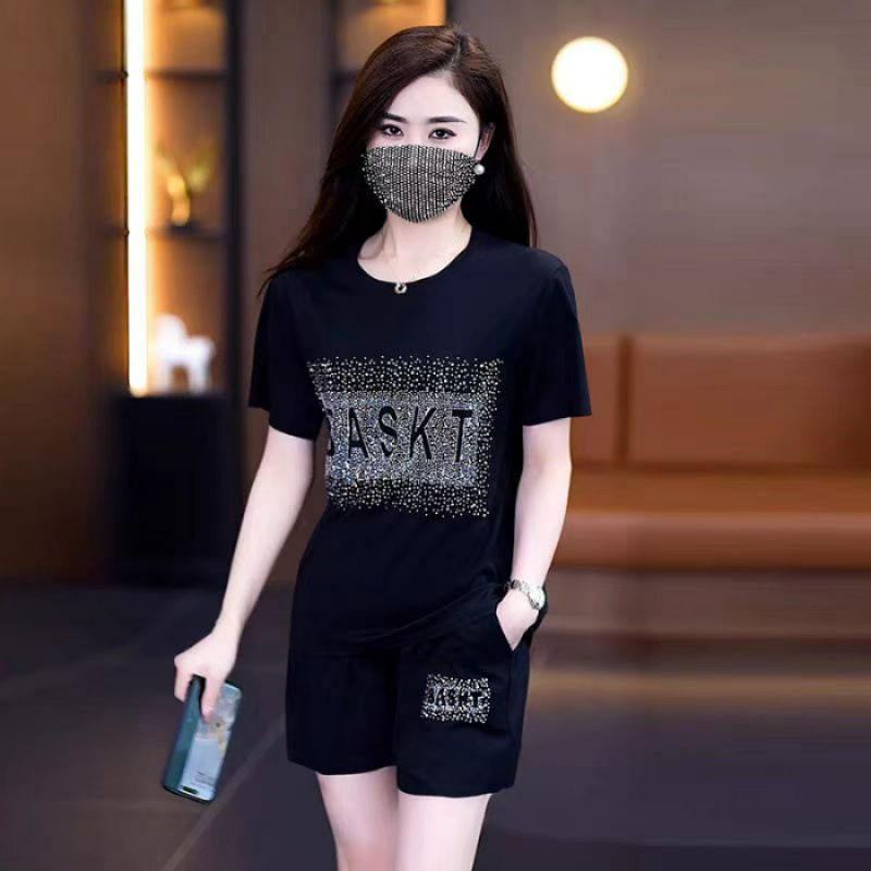 牛奶絲燙鑽運動套裝女裝 短袖T恤短褲兩件套 夏季透氣休閒潮- 黑色 M