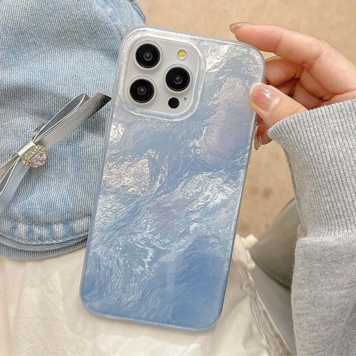 漸變冰川紋手機殼 蘋果15pro防摔 女生簡約設計- 淺藍 iPhone 12PROMAX