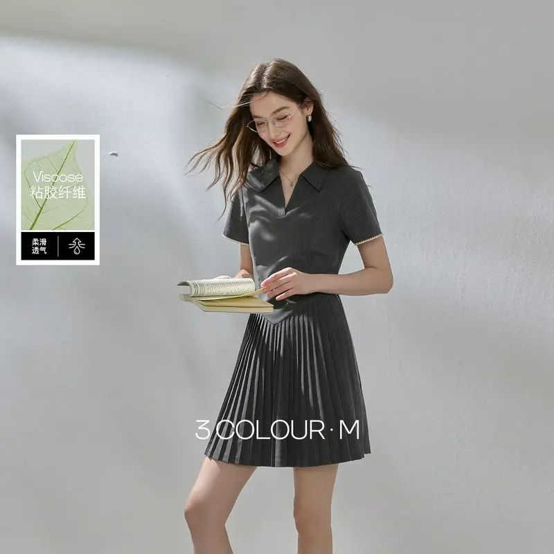 三彩2026夏季新款休閒Polo領短袖百褶裙條紋短裙連身裙A字裙女M-寂靜灰條紋 155/80A/S