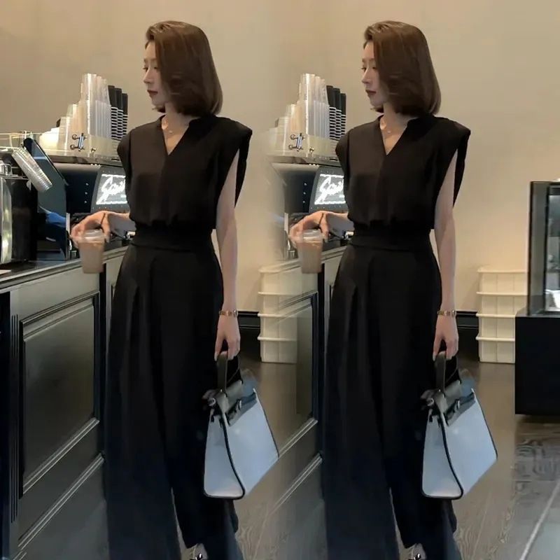 Summer French Design Fashion V-Neck Top + Design Inspired Wide Leg Trousers S-Khaki suit M