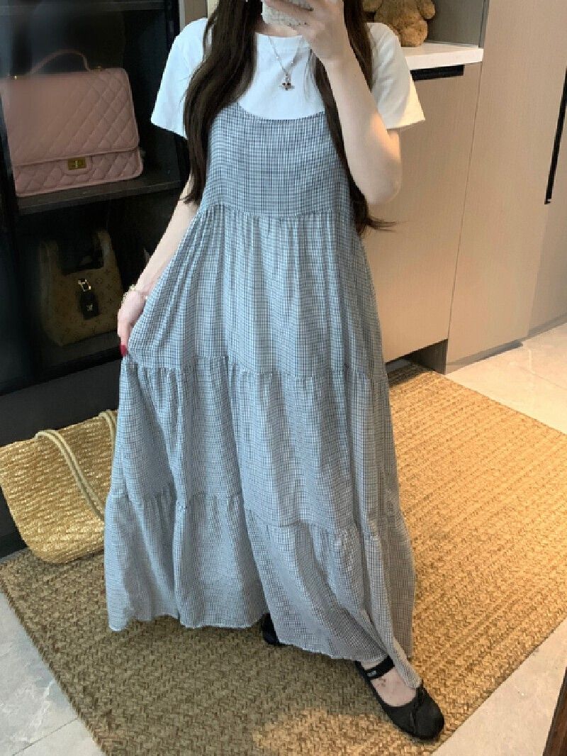 實拍 撞色格仔吊帶連身裙女夏寬鬆A字長裙百搭淨色短袖T-灰黑格連衣裙 均碼