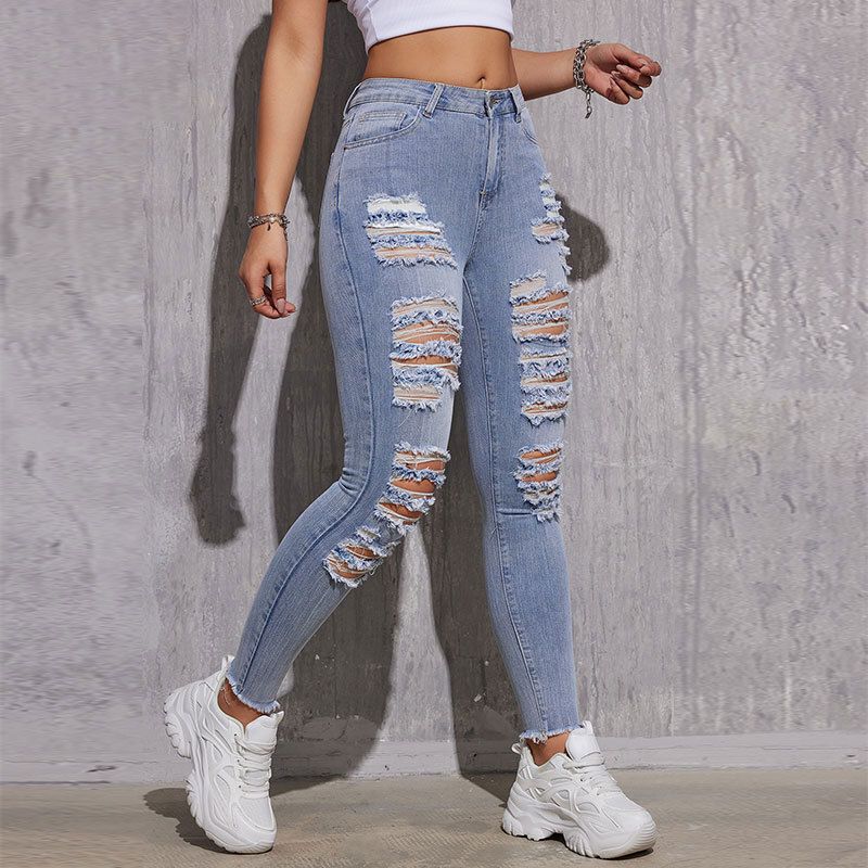 女装大码破洞牛仔裤女亚马逊修身铅笔弹力小脚裤子