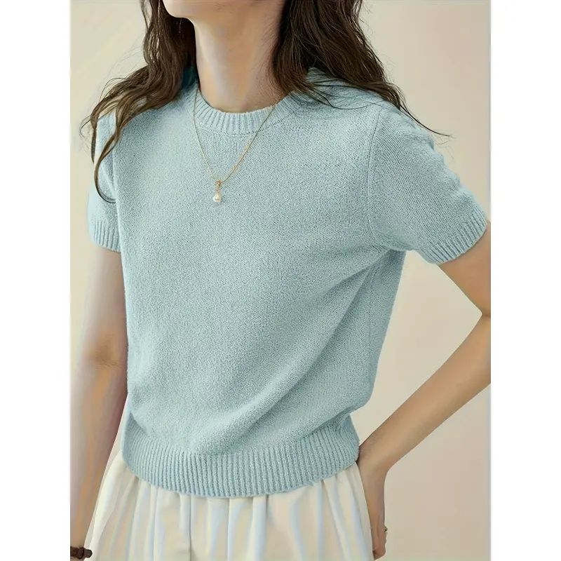 春秋圆领针织衫短袖t恤女士夏季修身显瘦短款针织上衣