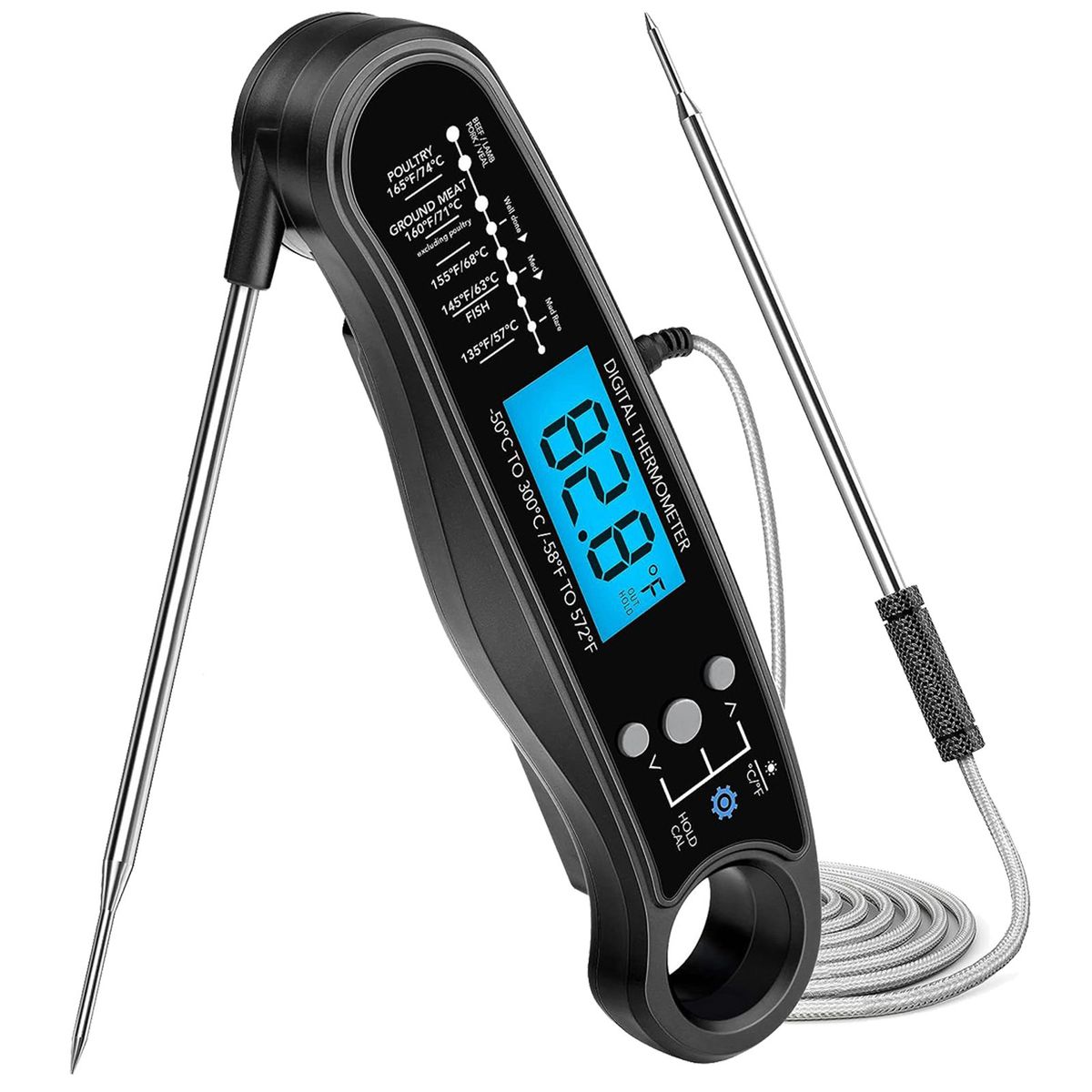 黑色 双探针折叠款防水食品温度计 肉类烧烤温度计 厨房烘焙温度计 家用电子数显温度计