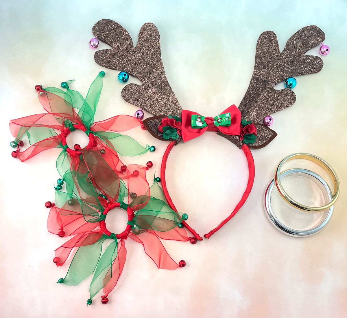 聖誕裝扮套裝 - 鈴鐺鹿角頭箍 金/銀手鐲 鈴鐺絲帶扎髮圈 5件套(10C150-5) | 聖誕節Party派對裝扮 女童配飾/髮飾
