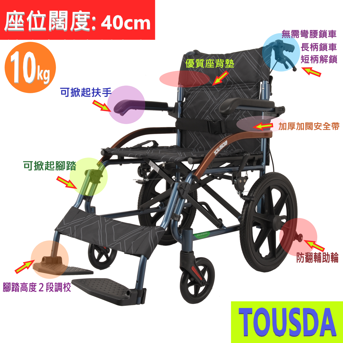 TOUSDA - Lightweight 16 Rear Wheel Wheelchair - 40cm Seat Width