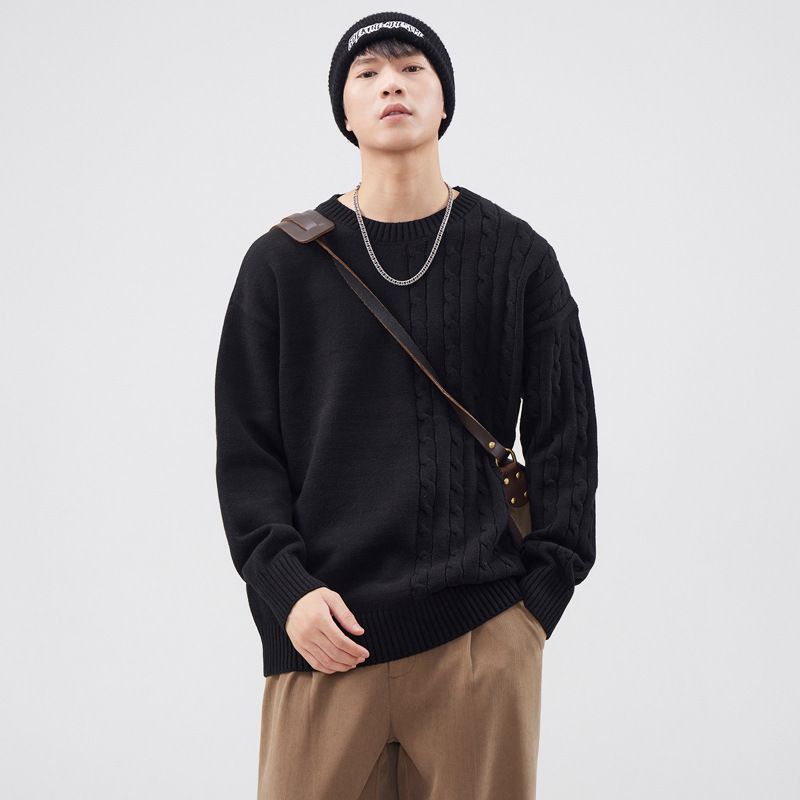 男装秋冬款扭花圆领套头毛衣男高级感宽松慵懒风保暖打底衫