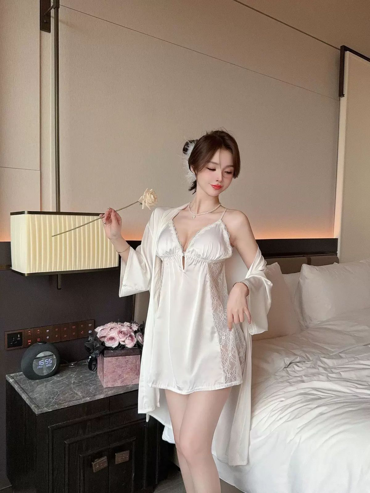 性感睡衣裙女夏吊帶兩件套帶胸墊睡裙性感緞面蕾絲V領睡裙