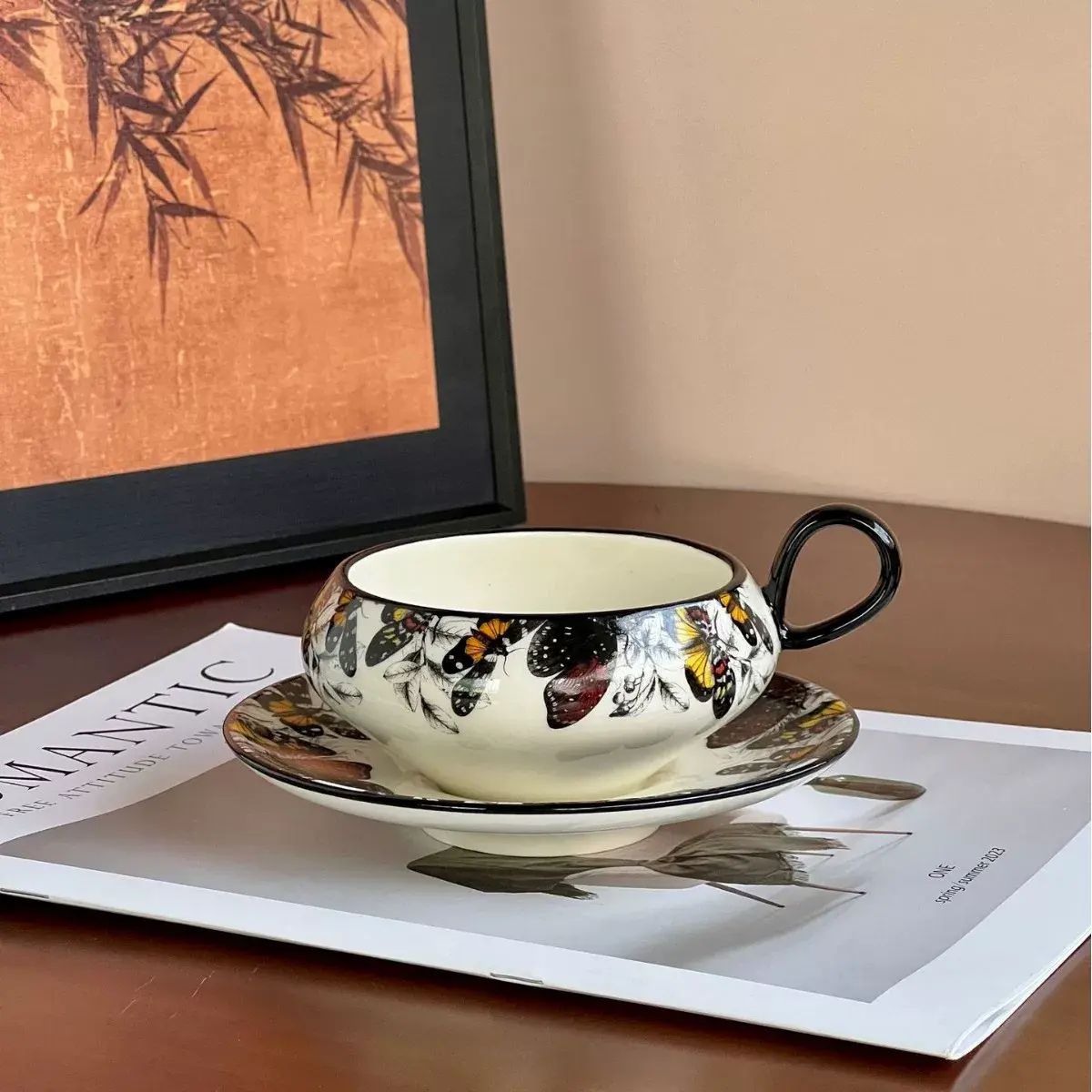 蝴蝶咖啡杯碟高颜值复古咖啡杯水杯家用下午茶水杯精致杯碟套装