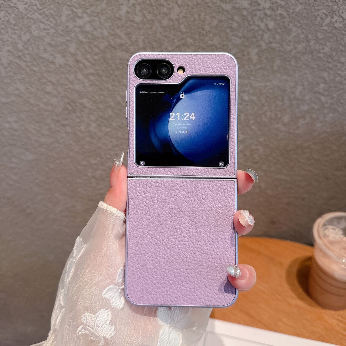 金属漆荔枝纹适用三星手机壳新款小米/摩托罗拉高级感Oppo/vivo折叠屏女生ins贴皮防摔纯色-紫色 vivo X Flip