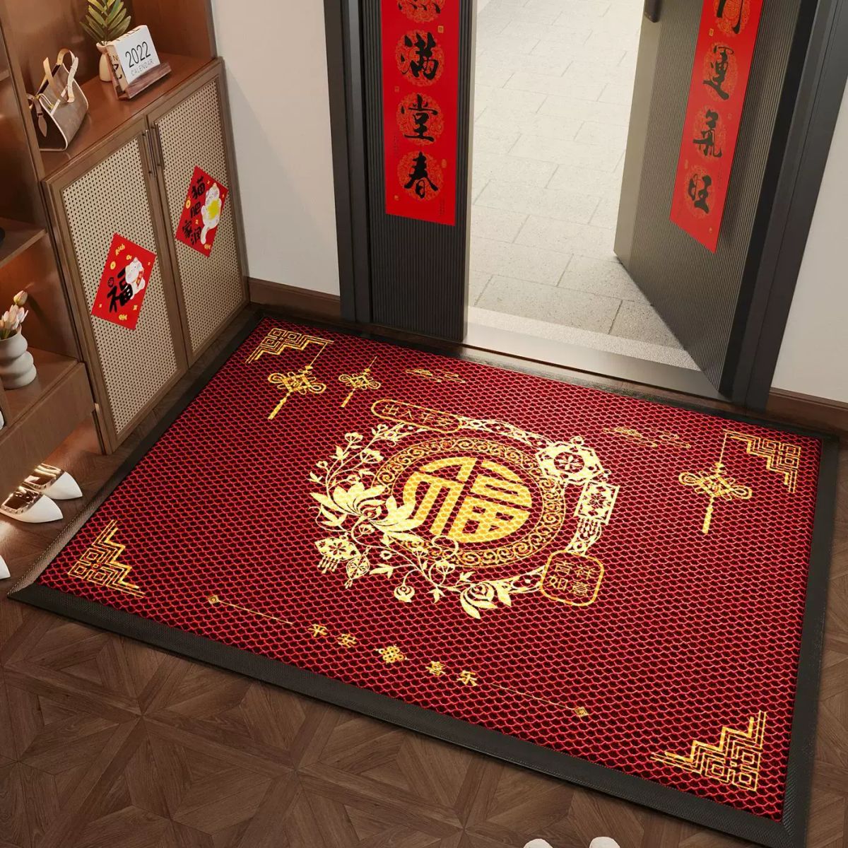 紅色地墊入戶門墊進門家用腳墊中古風防滑墊子馬年喜慶大門口地毯