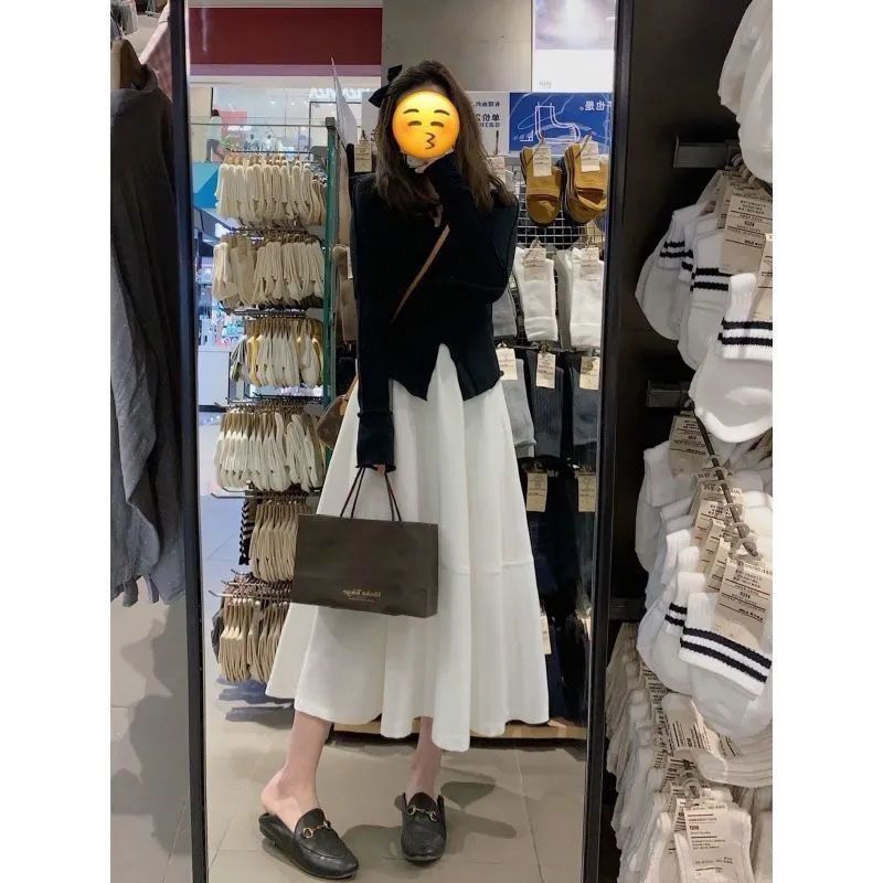 茶系高腰半身裙配V領上衣兩件套 韓風顯瘦純欲穿搭- 黑色上衣 S