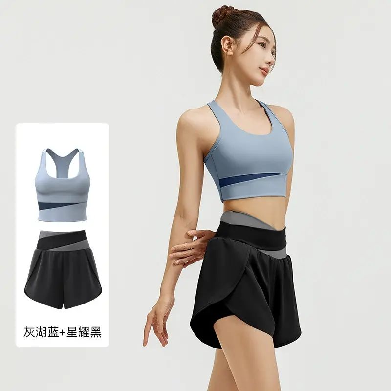 拼色防走光假两件健身运动短裤套装裸感瑜伽服套装