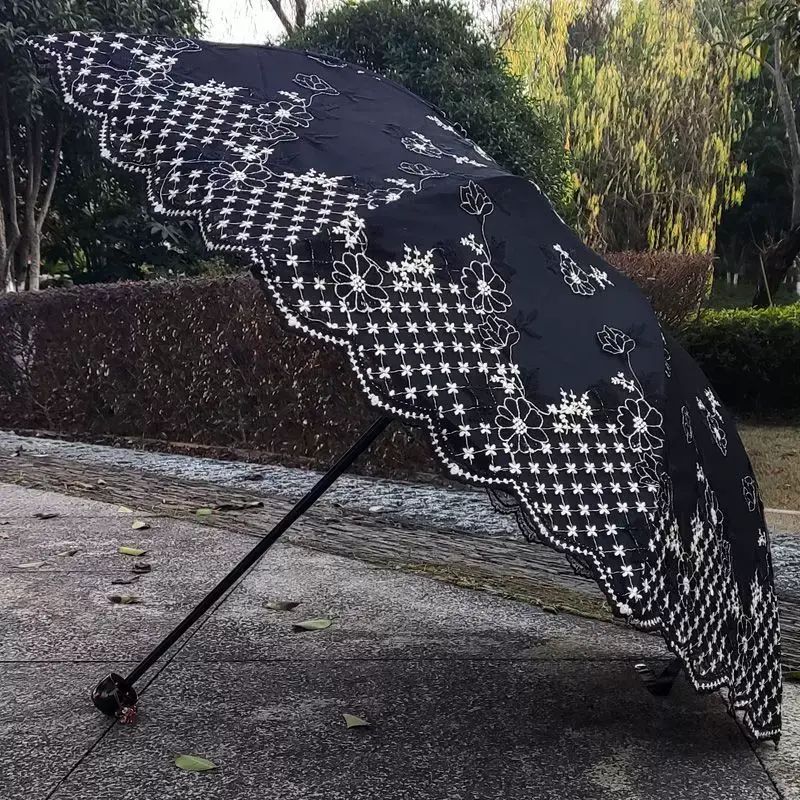 遮陽傘蕾絲刺繡花太陽傘摺疊黑膠防曬防紫外線晴雨遮黑色高檔洋傘