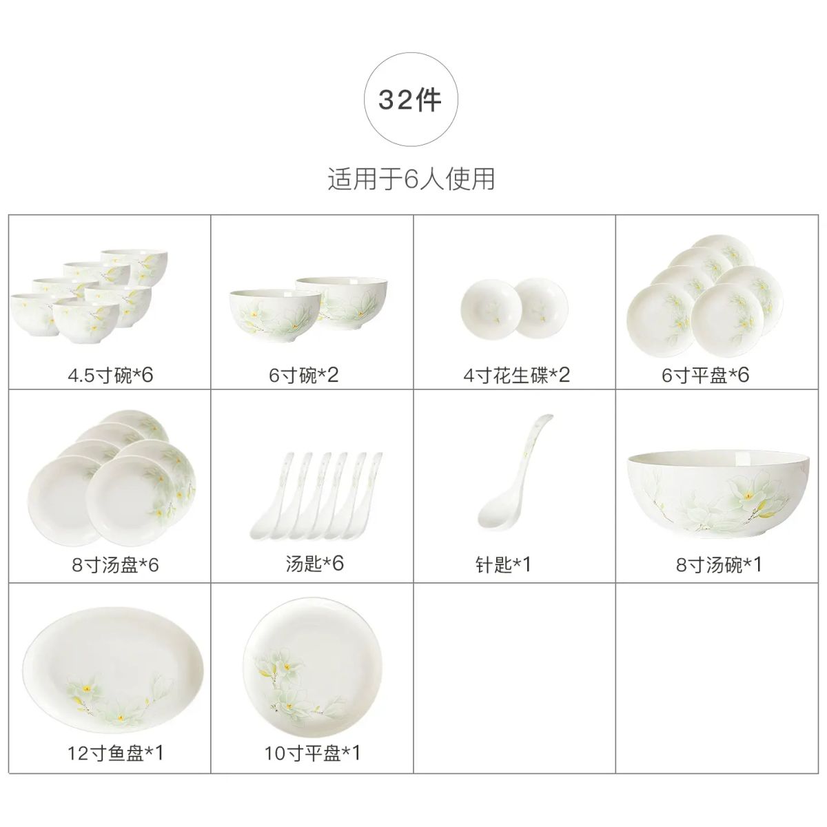 華光國瓷 骨瓷碗碟餐具套裝4-10人份婚慶喬遷送禮餐具禮盒 白玉蘭