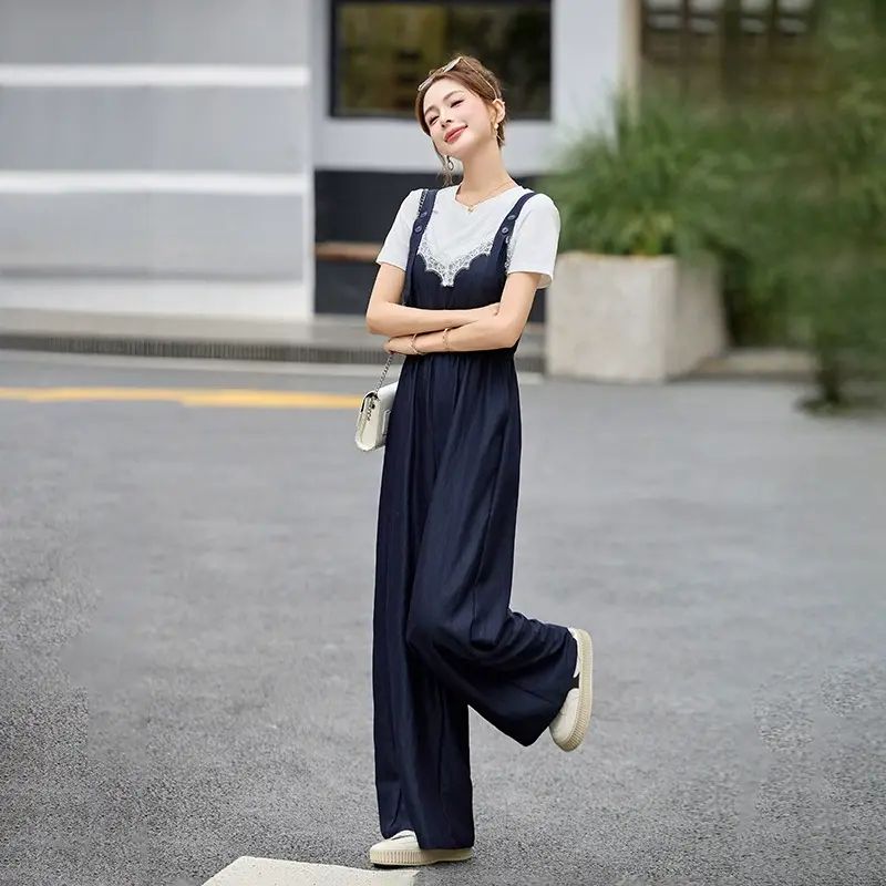 2026夏季新款短袖上衣蕾絲拼接揹帶褲女兩件套設計感套裝HE5050