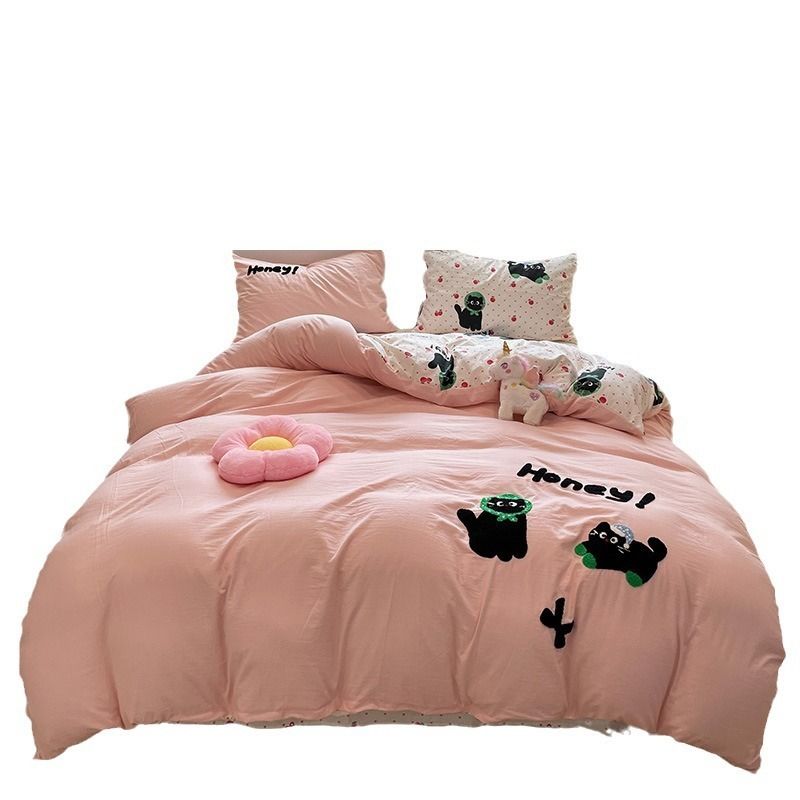 超柔毛巾繡床品套裝|可機洗|水洗棉|愛心猫系列-5尺床|2枕袋+床笠+被袋