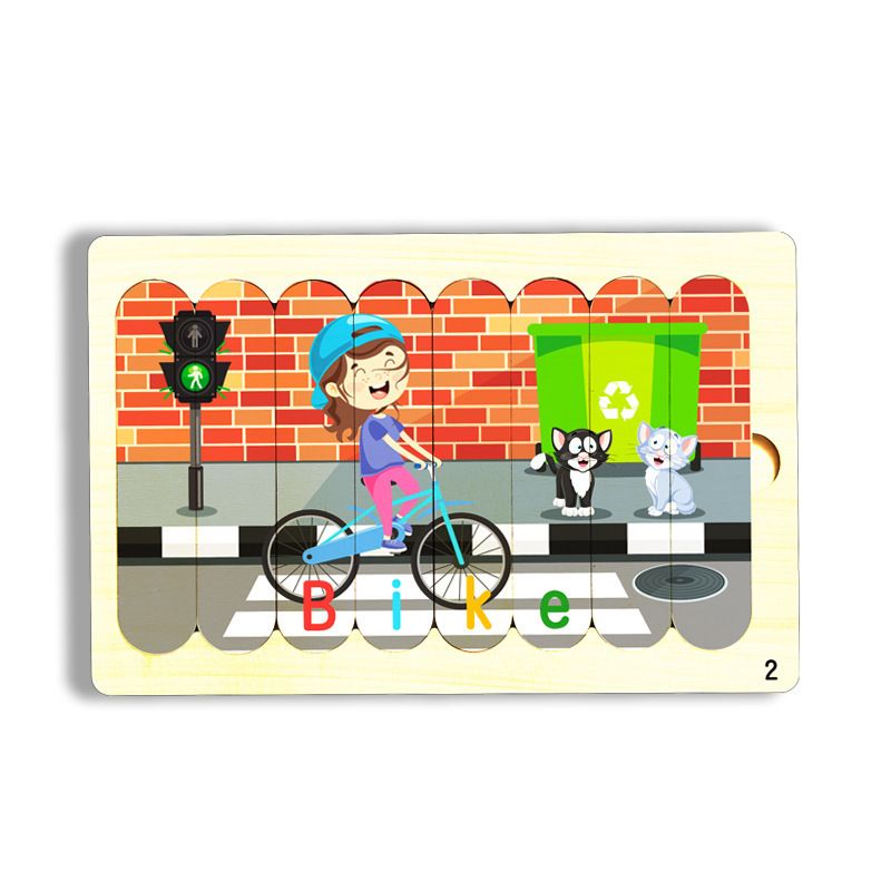 木制条形加大号拼图儿童早教益智雪糕棒卡通动物拼板玩具-自行车-大版条形拼图 均码
