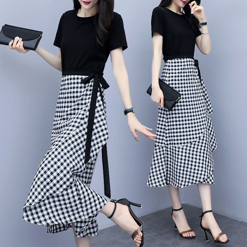 Set dress 2025 grid half skirt temperament two-piece set women waist-cinch slimming set dres-Black M